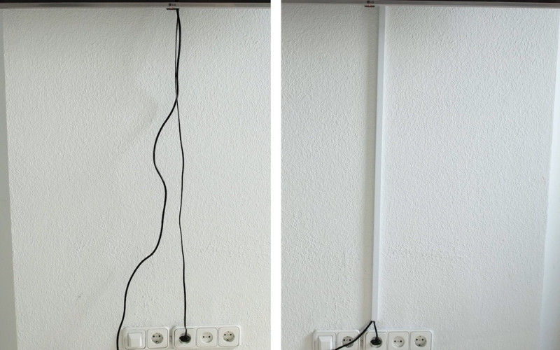 Antes y después de ocultar el cable con una canaleta