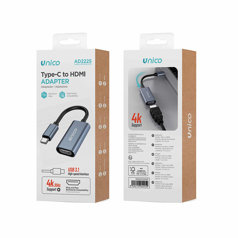 Adaptador USB C macho a HDMI macho UNICO Gris 4K
