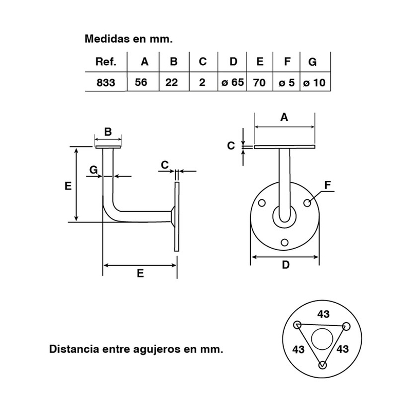 Soporte pasamano EMILIOTO 65mm. 10 unidades