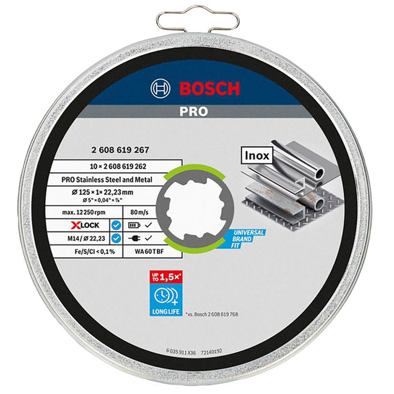 Disco corte inox metal BOSCH X-lock Standard, 10 unidades