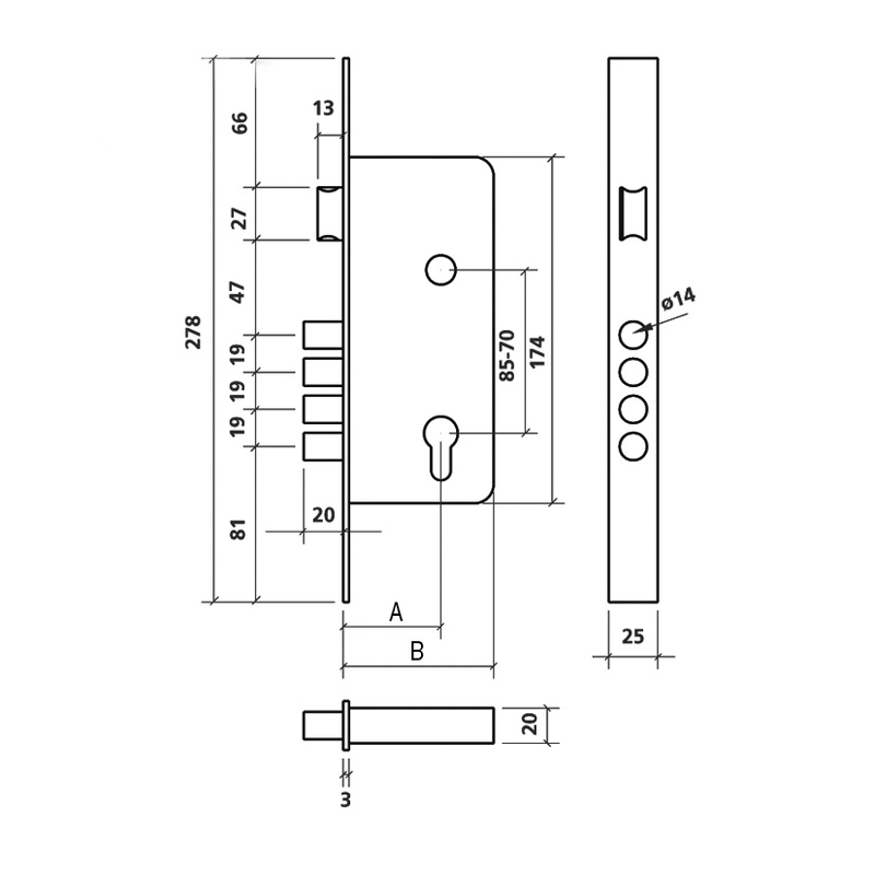 Cerradura seguridad EZCURRA 1 punto modelo 700-B cilindro de 70 mm
