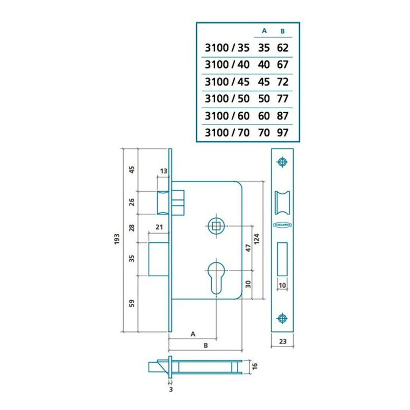 Cerradura embutor EZCURRA madera modelo 3100 45mm