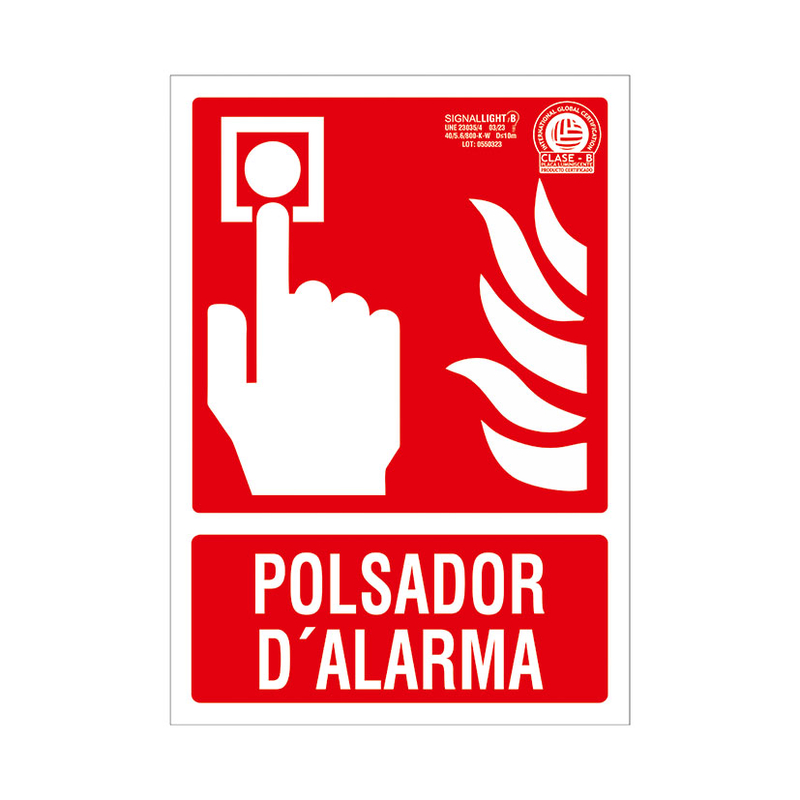 Señal de seguridad en catalán "POLSADOR D'ALARMA" PVC autoadhesivo
