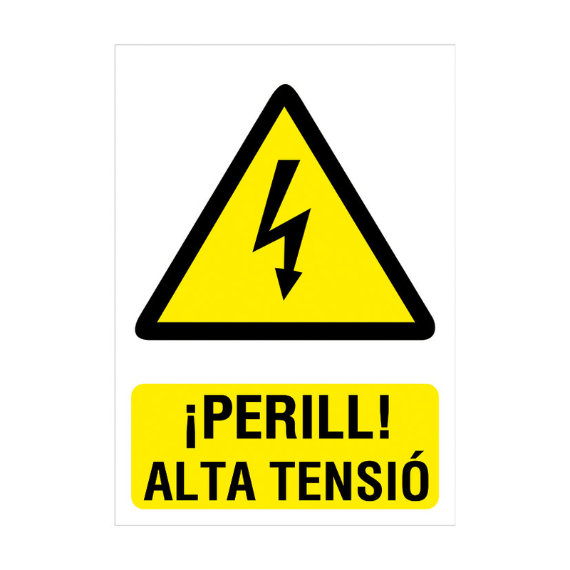 Señal de peligro en catalán "PERILL ALTA TENSIÓ" PVC autoadhesivo