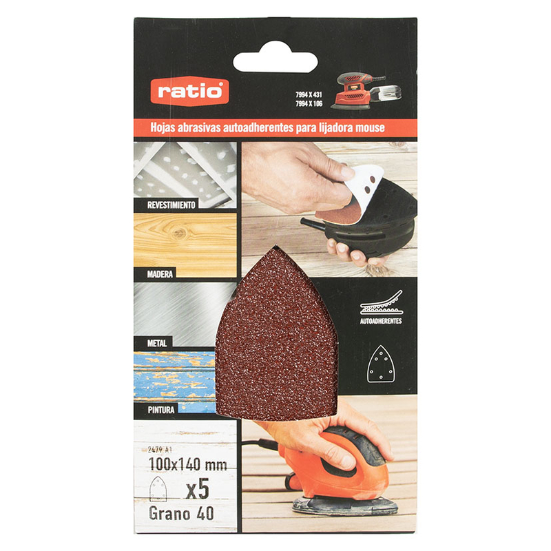 Hoja abrasiva lijadora mouse RATIO 100x140 mm  5 unidades