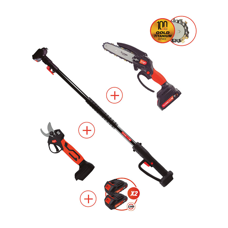 Kit motosierra + tijera 2 baterías 2.0 Ah. + pértiga ALTUNA