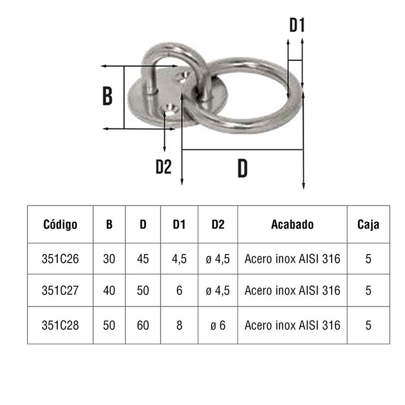 Placa de amarre con anilla. 5 unidades