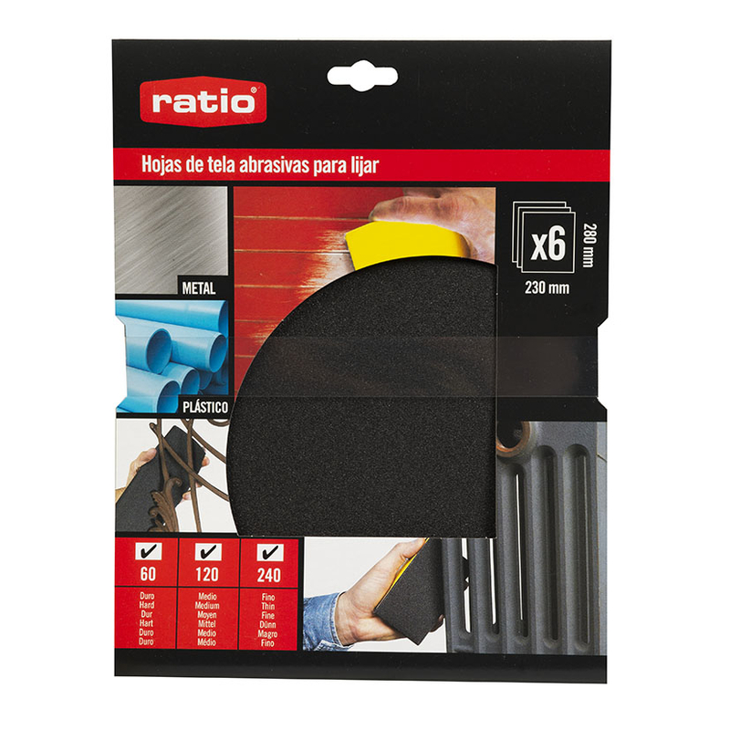 Tela esmeril abrasiva  RATIO 3636. 6 hojas surtidas de 230x280 mm