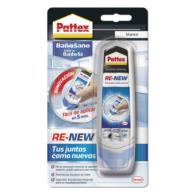 Pattex Baño Sano Re-new Silicona antimoho para renovar juntas de baño, 100ml