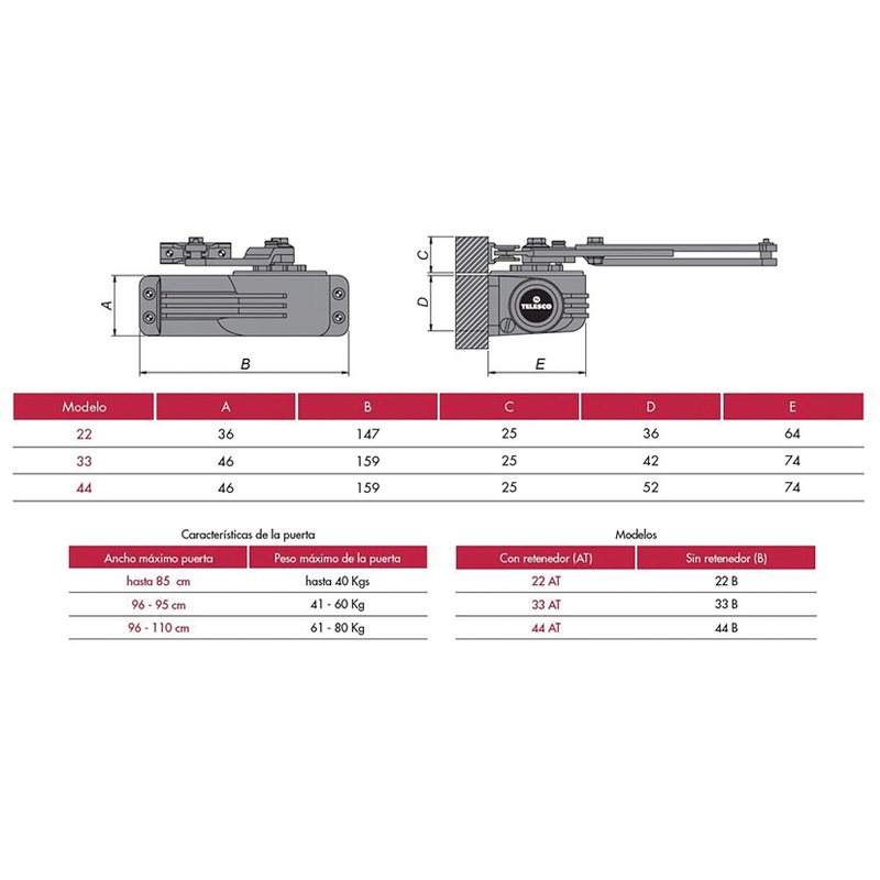 Cierrapuertas hidráulico TELESCO 22 - 33 - 44