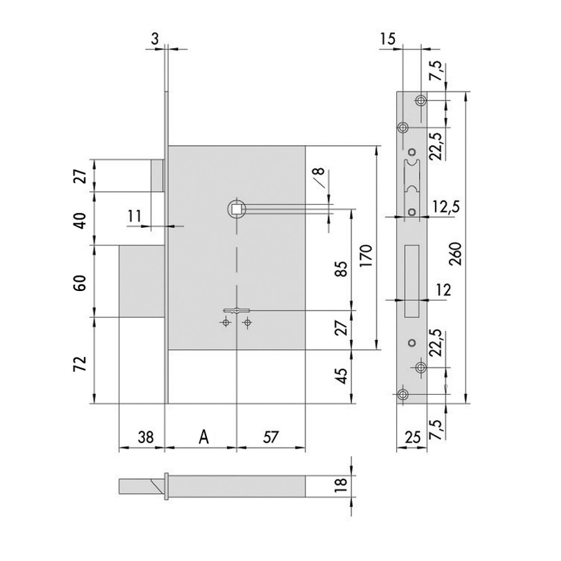 Cerradura embutir CISA de borjas sin cierre superior