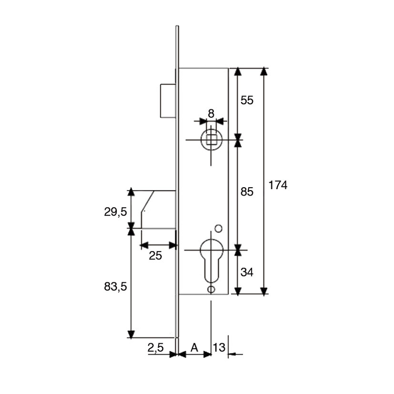 Cerradura embutir carpintería metálica TESA ASSA ABLOY modelo 2210 inox deslizante reforzada