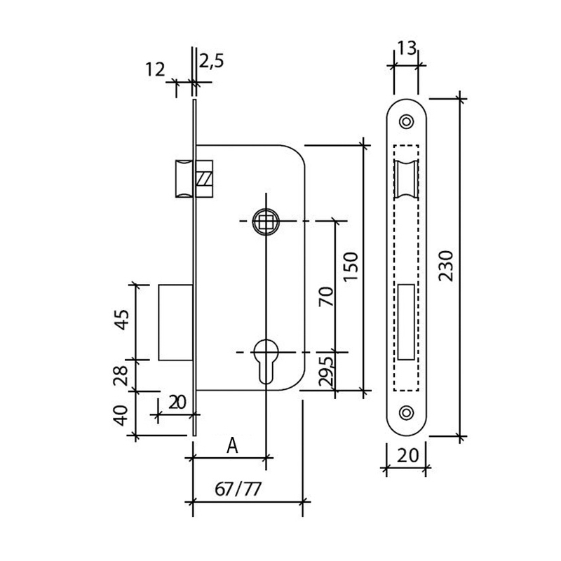 Cerradura embutir madera de canto redondo TESA ASSA ABLOY serie 130 esmaltada