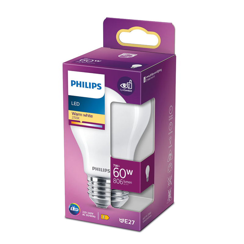 Bombilla Led estándar PHILIPS E27 luz cálida 7 W. 4 unidades