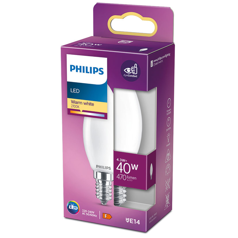 Bombilla Led Classic vela PHILIPS E14 luz cálida 4,3 W. 4 unidades