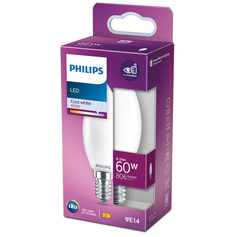 Bombilla Led Classic vela PHILIPS E14 luz día 6,5 W. 4 unidades