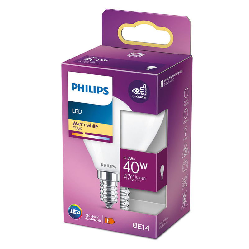 Bombilla Led mini globo PHILIPS E14 luz cálida 4,3 W. 4 unidades