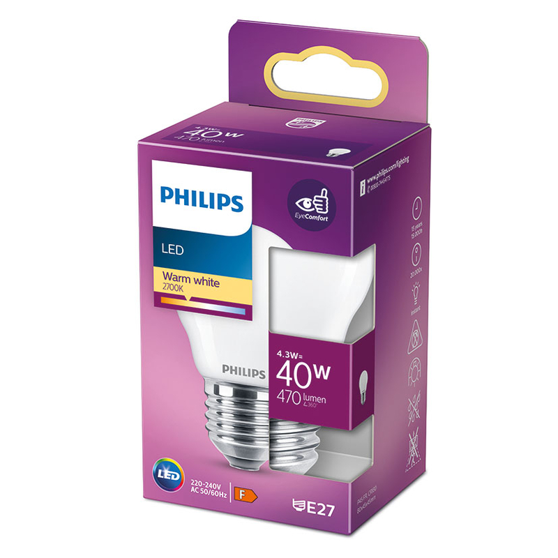 Bombilla Led mini globo PHILIPS E27 luz cálida 4,3 W. 4 unidades
