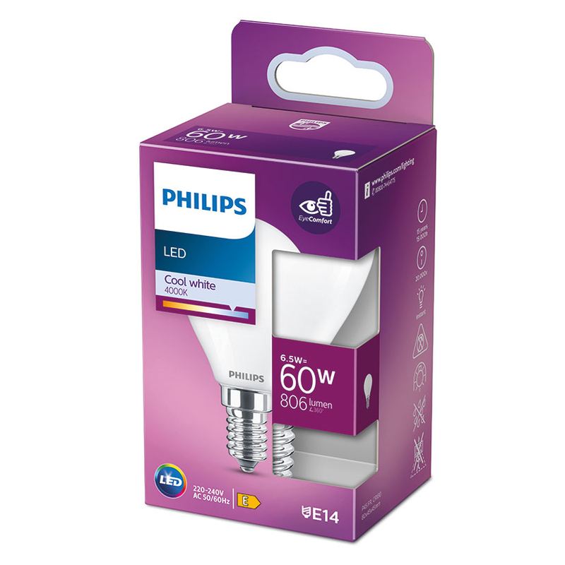 Bombilla Led mini globo classic PHILIPS E14 luz día 6,5 W. 4 unidades