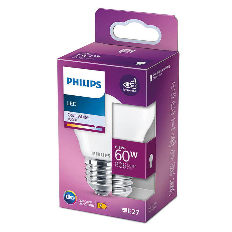 Bombilla Led mini globo PHILIPS E27luz día 6,5 W. 4 unidades