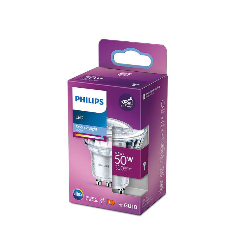 Bombilla Led dicroica PHILIPS GU10 luz fría 4,6 W. 4 unidades