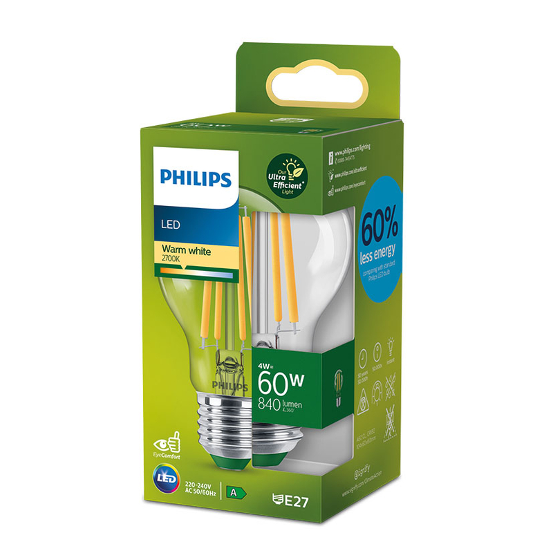 Bombilla estándar E27 PHILIPS ultraeficiente Classic transparente