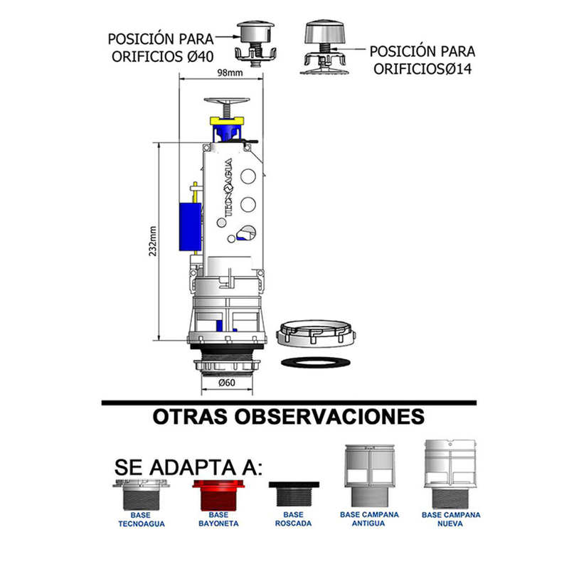 Descarga cisterna WC TECNOAGUA doble pulsador con transmisión directa