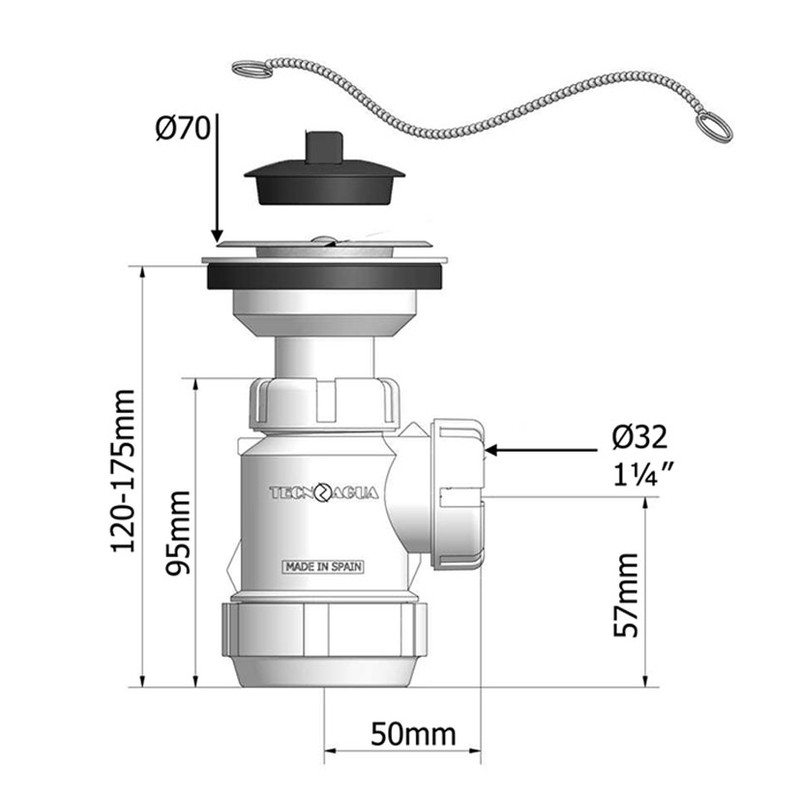 Sifón botella mini extensible TECNOAGUA T-3M 1 1/4"x ø70 mm