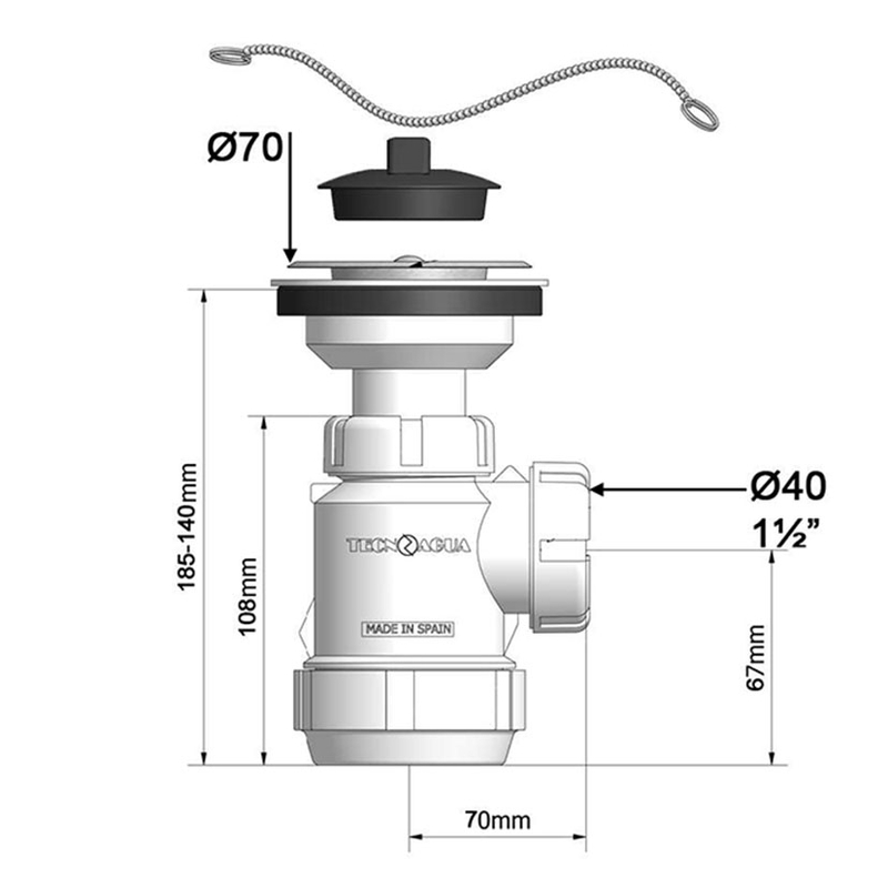 Sifón botella extensible TECNOAGUA T-3 1 1/2"x ø70 mm