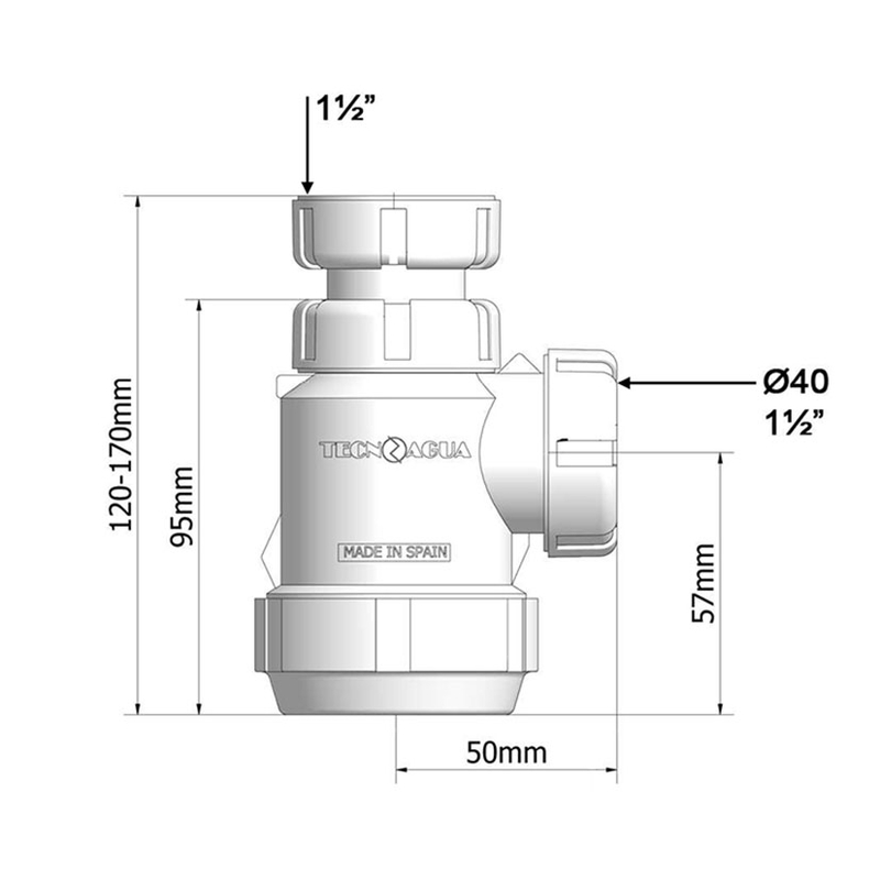 Sifón botella mini extensible TECNOAGUA T-4M 1 1/4" 120-170 mm