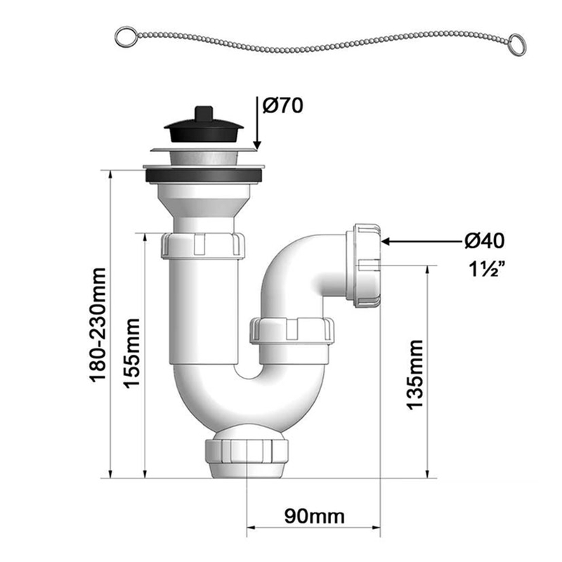 Sifón curvo extensible TECNOAGUA T-30C 1 1/2xø70 mm