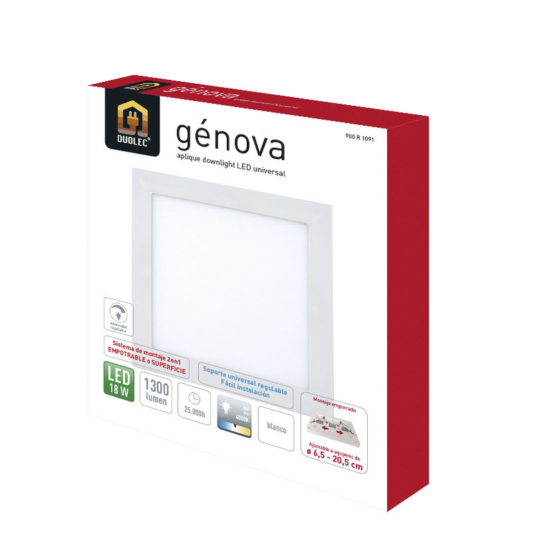 Aplique cuadrado empotrable LED DUOLEC dimable Genova 23 cm