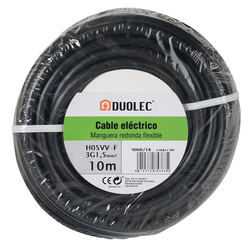 Cable eléctrico bipolar manguera DUOLEC negro UNE H05VV-F mini rollo 10m