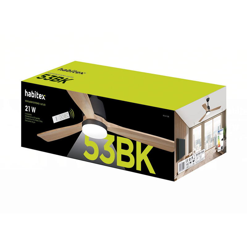Ventilador techo HABITEX 53NW con luz Negro