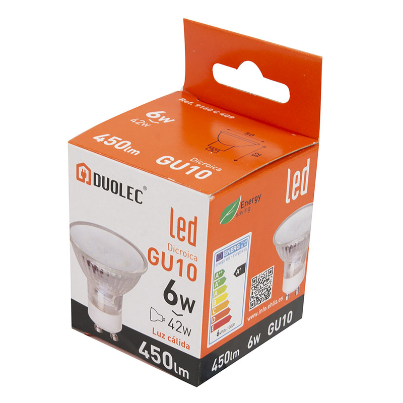 Bombilla Led dicroica 120º DUOLEC GU10 luz cálida 4,5 W