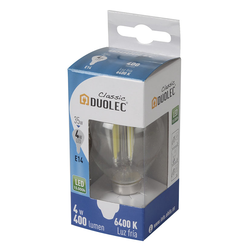 Bombilla Led Classic mini globo DUOLEC E14 luz fría 4w