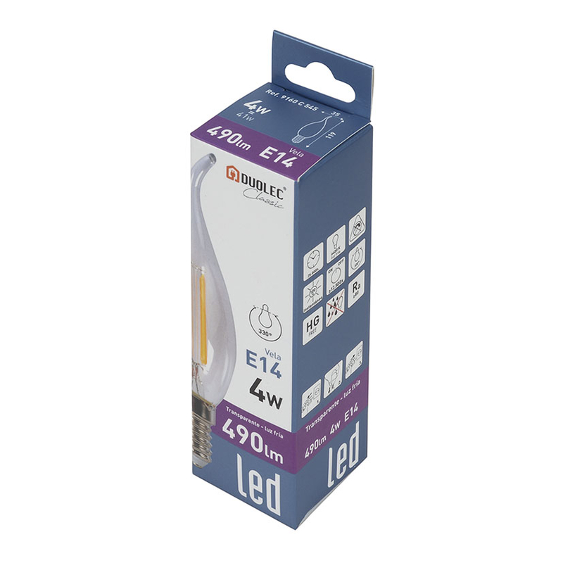 Bombilla con filamento Led vela decorativa transparente DUOLEC E14 luz cálida 4 W