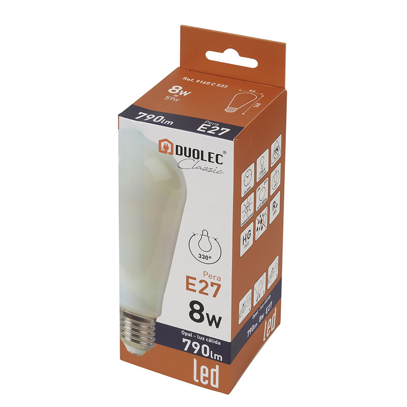 Bombilla filamento LED pera opal DUOLEC E27 luz cálida 8 W