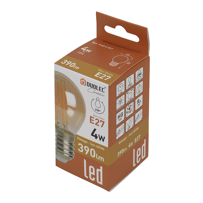 Bombilla con filamento Led mini globo vintage DUOLEC E27 luz cálida 4 W