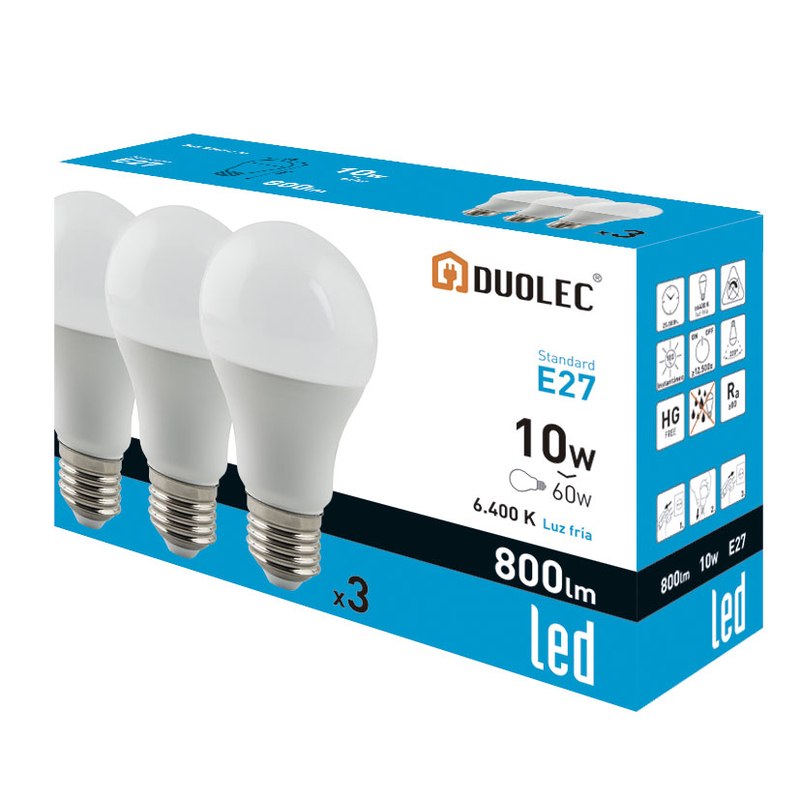 Pack 3 bombillas LED estándar DUOLEC E27 luz fría 10W