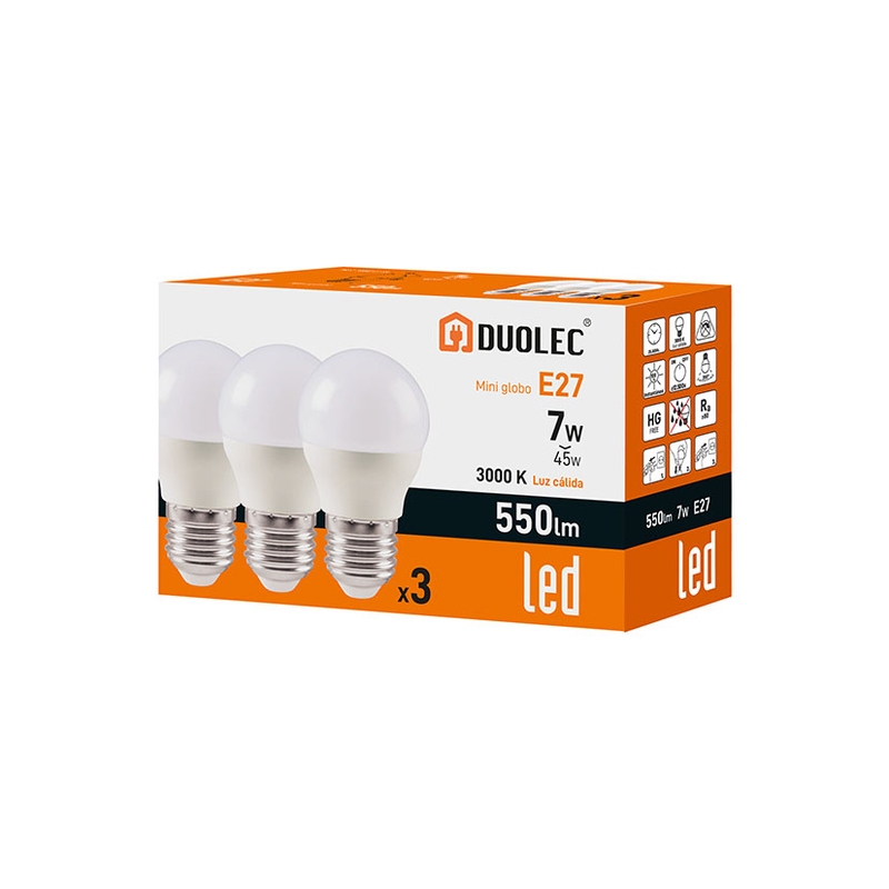 Pack 3 bombillas led Mini Globo DUOLEC E27 luz cálida 7 W