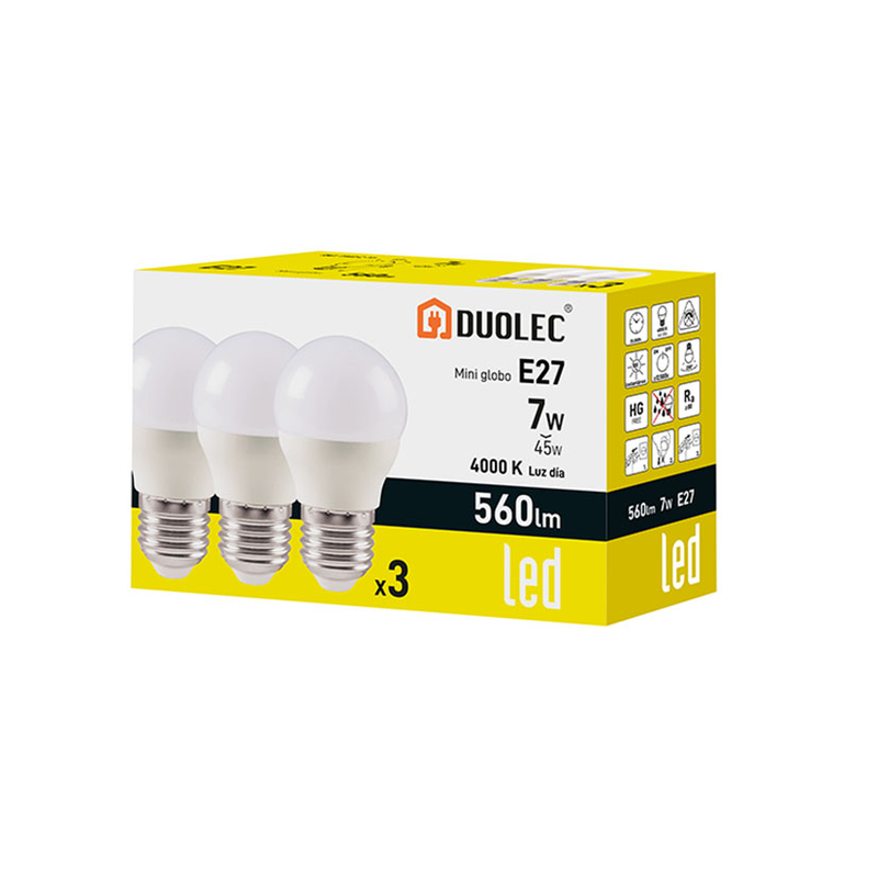 Pack 3 bombillas led Mini Globo DUOLEC E27 luz día 7 W