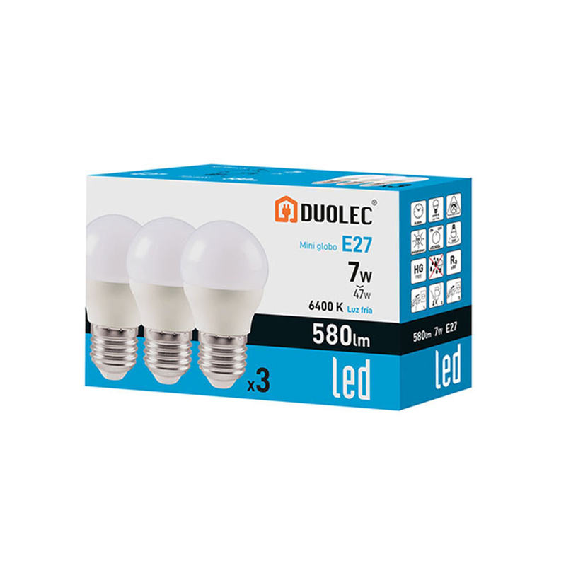 Pack 3 bombillas led Mini Globo DUOLEC E27 luz fría 7 W