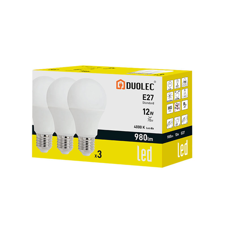 Pack 3 bombillas Led estándar DUOLEC E27 luz día 12 W