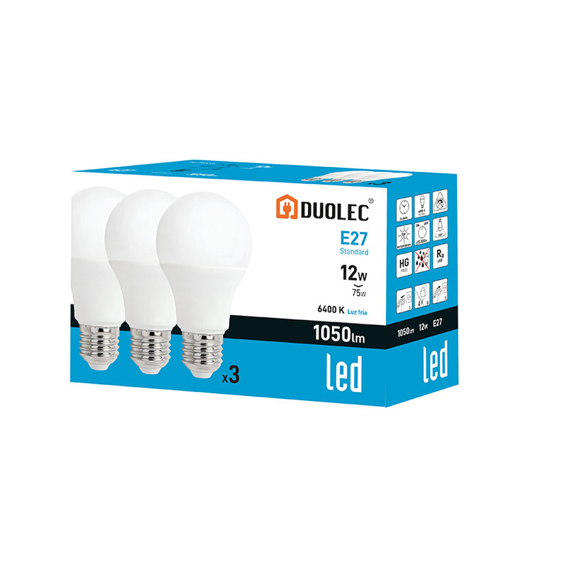 Pack 3 bombillas Led estándar DUOLEC E27 luz fría 12 W