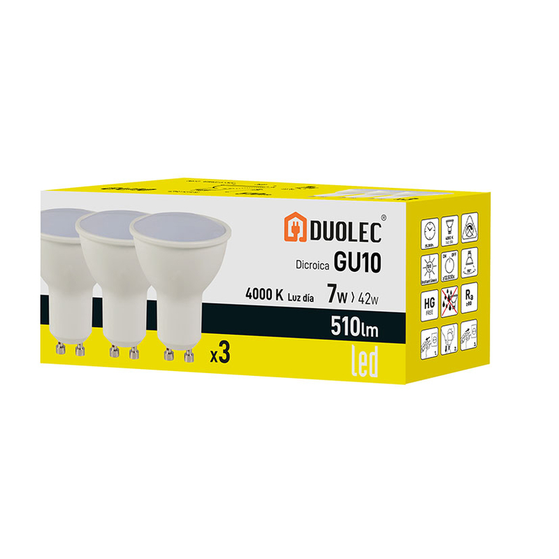 Pack 3 bombillas Led dicroica DUOLEC GU10 luz cálida 7 W