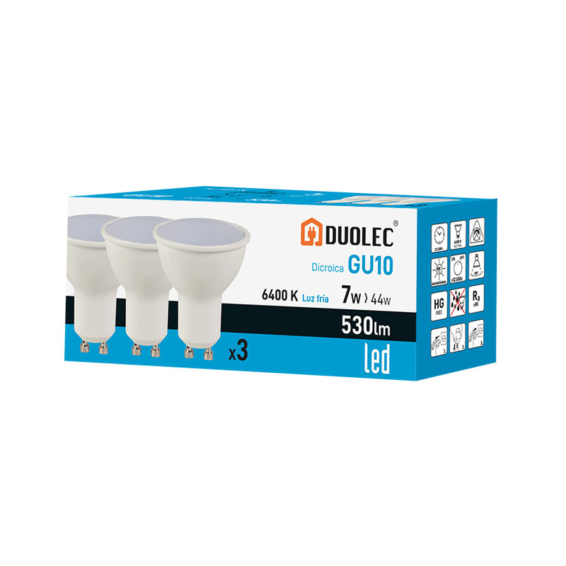 Pack 3 bombillas Led dicroica DUOLEC GU10 luz fría 7 W