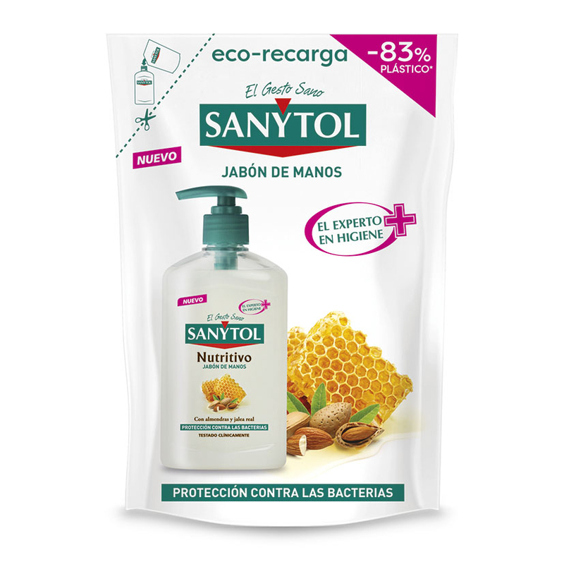 Recarga jabón manos SANYTOL anti-bacterial nutritivo 200 ml. 12 unidades