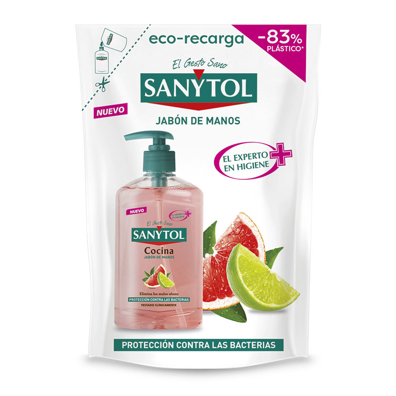 Doypack eco-recarga jabón de manos anti-bacterial SANYTOL cocina 250 ml dosificador