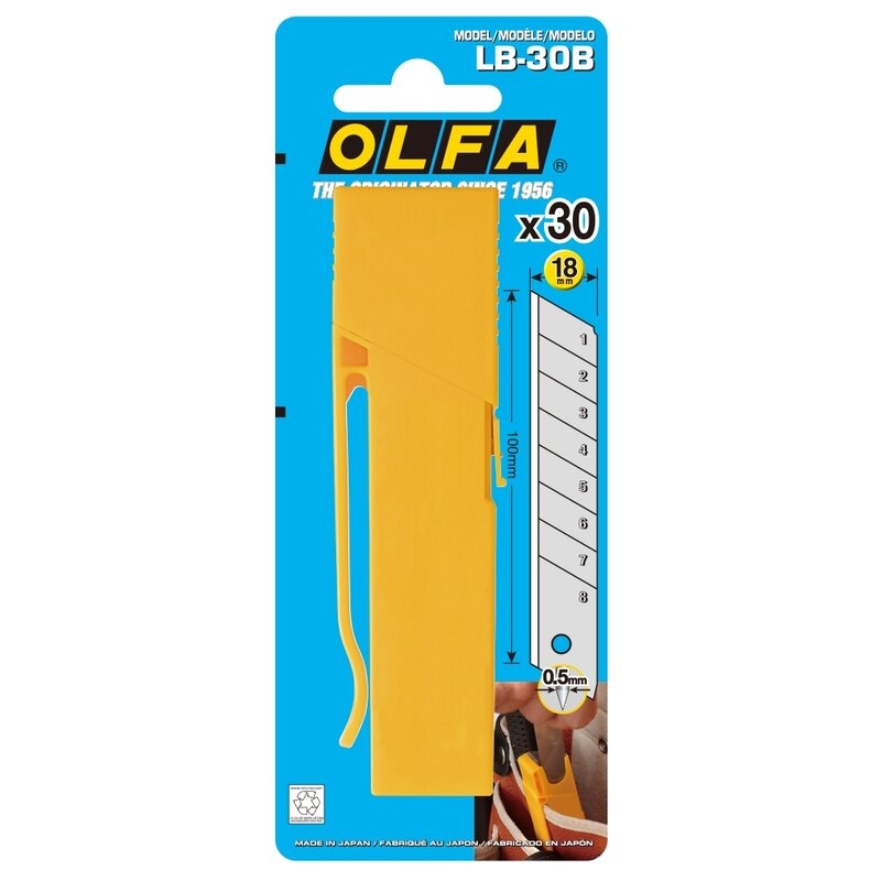 Cuchillas troceables de 18 mm en caja de plástico con clip Olfa